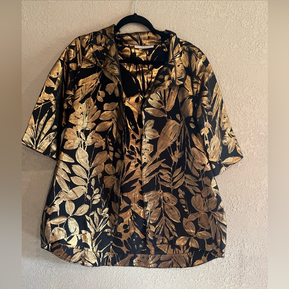 bryn Walker Black Top/Jacket  with Metallic Gold  Print XXS Oversized Hi Lo Hem